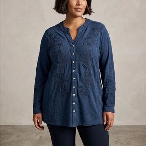NWT Soft Surroundings Sz 2XL Navy Blue Sevilla Tunic Top Embroidered 100% Cotton
